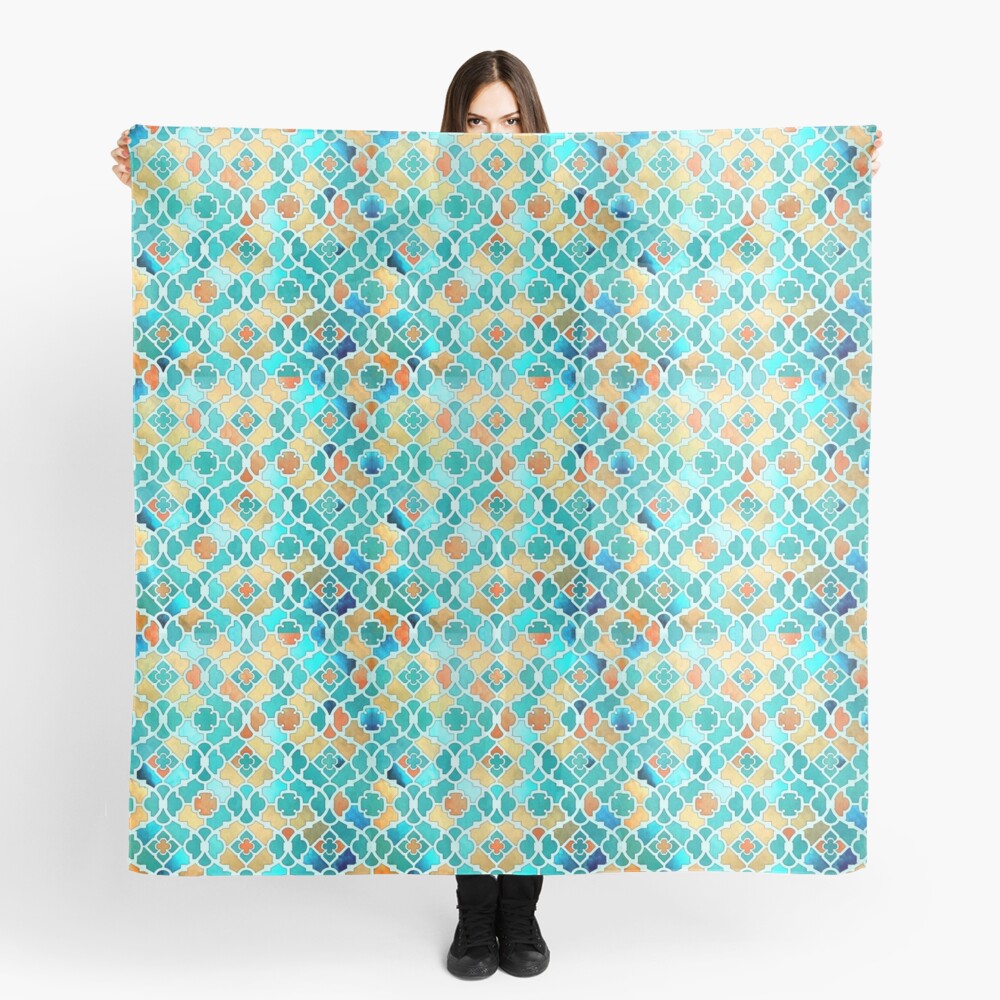 Arabesque Geometrical Pattern - Kingfisher Blue and Gold Scarf