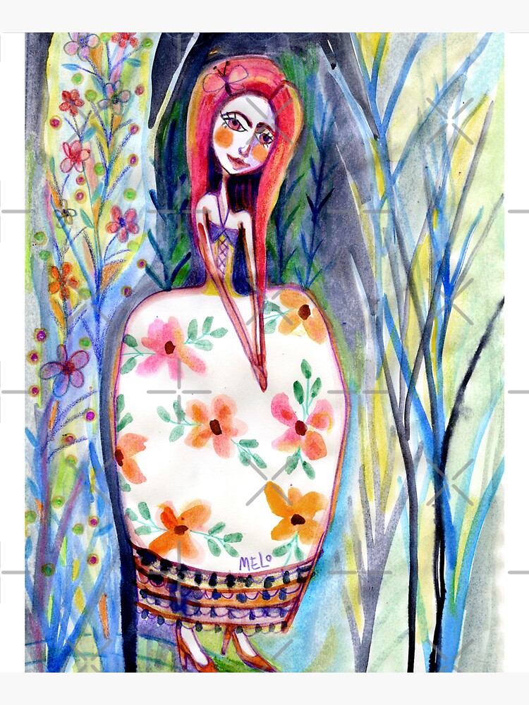 Woman in the Woods, Meloearth Art, Painting Redhead, Floral Fashion Dress, Orange Long Hair Girl Cute, Fairy, Floral by meloearth