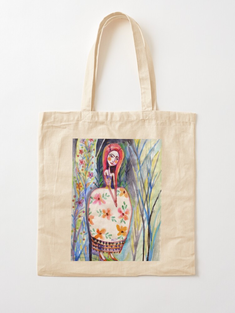 Alternate view of Woman in the Woods, Meloearth Art, Painting Redhead, Floral Fashion Dress, Orange Long Hair Girl Cute, Fairy, Floral Tote Bag