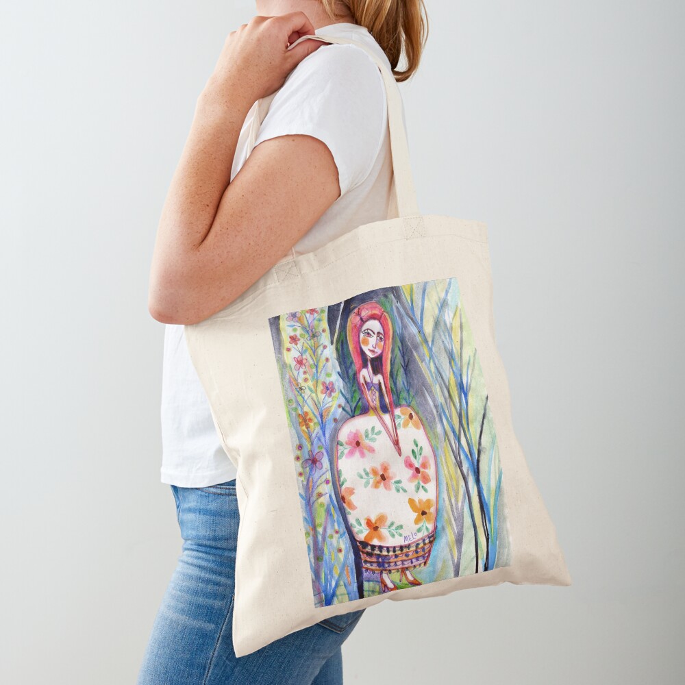 Woman in the Woods, Meloearth Art, Painting Redhead, Floral Fashion Dress, Orange Long Hair Girl Cute, Fairy, Floral Tote Bag
