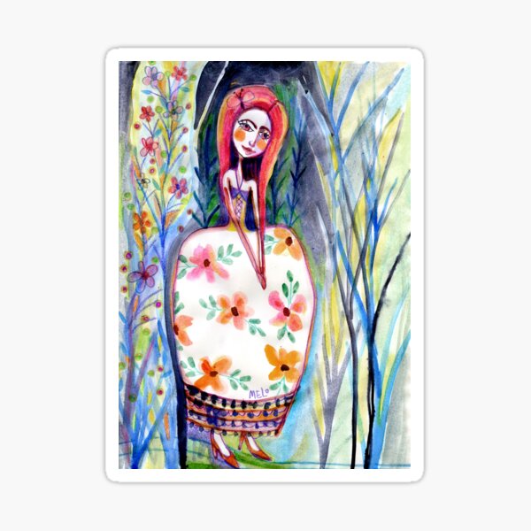 Woman in the Woods, Meloearth Art, Painting Redhead, Floral Fashion Dress, Orange Long Hair Girl Cute, Fairy, Floral Sticker