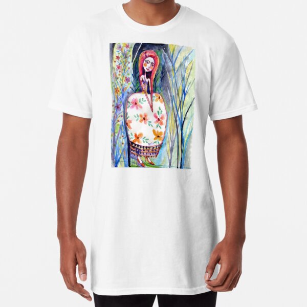Woman in the Woods, Meloearth Art, Painting Redhead, Floral Fashion Dress, Orange Long Hair Girl Cute, Fairy, Floral Long T-Shirt
