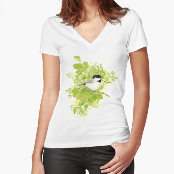 Cute Little Black-Capped Chickadee Watercolor Camiseta entallada de cuello en V