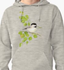 Watercolor Chickadee Bird in Poplar Tree Pullover Hoodie