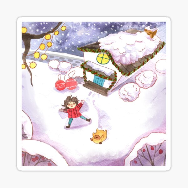 Watercolor Snow Angels with Pug and Girl Christmas Outdoor Adventures Sticker