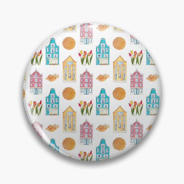 Item preview, Seamless pattern with watercolor illustrations of colorful Amsterdam houses, waffles and tulips. designed and sold by linagaiaart.