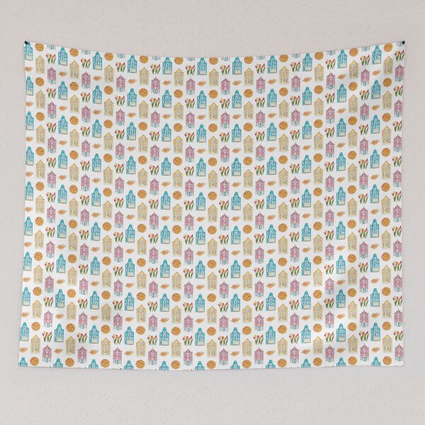 Item preview, Seamless pattern with watercolor illustrations of colorful Amsterdam houses, waffles and tulips. designed and sold by linagaiaart.
