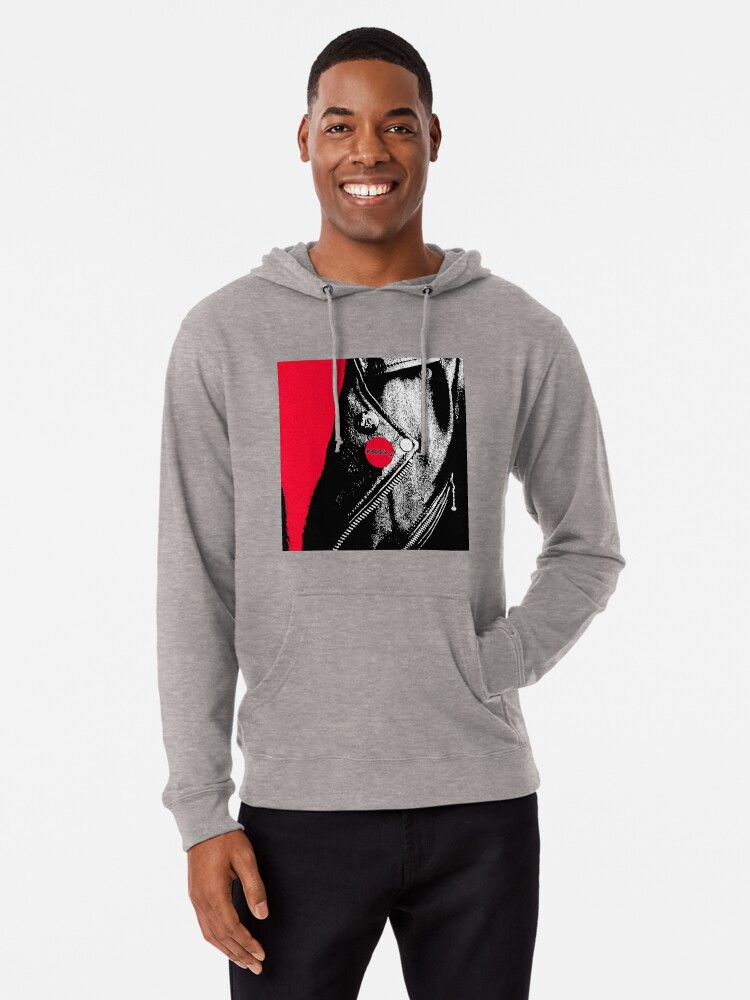 grey jacket red shirt