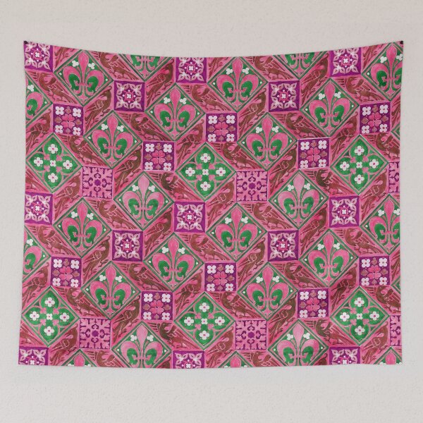 Item preview, FLEURS DE LYS WITH BIRDS ,RHOMBI AND SQUARE FLORAL MOTIFS IN RED GREEN designed and sold by BulganLumini.