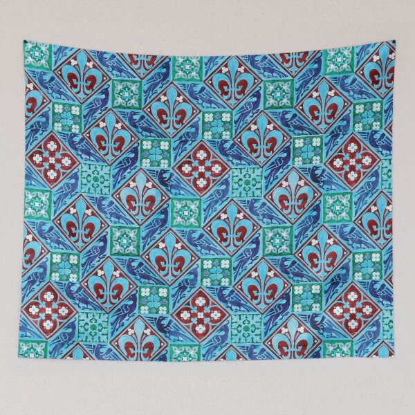 Item preview, FLEURS DE LYS WITH BIRDS ,RHOMBI AND SQUARE FLORAL MOTIFS IN TEAL BLUE RED designed and sold by BulganLumini.