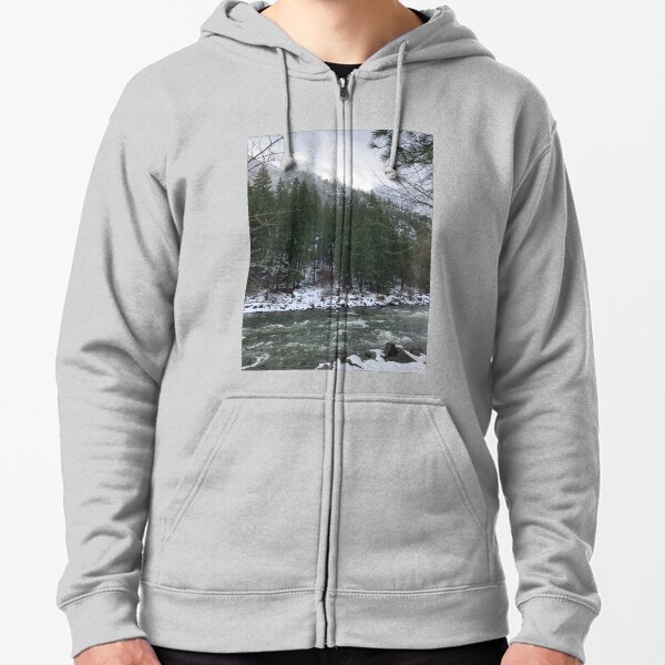 Snowy Mountain Trees on a River Zipped Hoodie