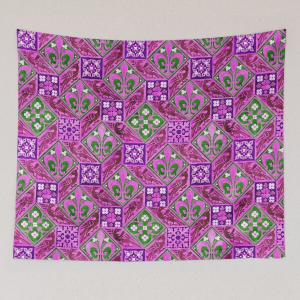 Item preview, FLEURS DE LYS WITH BIRDS ,RHOMBI AND SQUARE FLORAL MOTIFS IN PURPLE FUCHSIA GREEN designed and sold by BulganLumini.