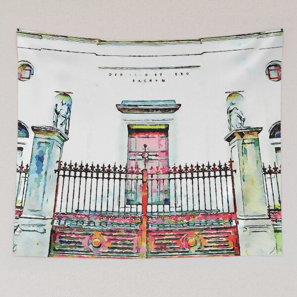 Item preview, Fognano: church facade behind red gate designed and sold by Giuseppe Cocco.