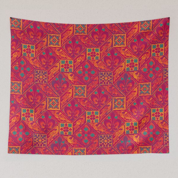 Item preview, FLEURS DE LYS WITH BIRDS ,RHOMBI AND SQUARE FLORAL MOTIFS IN RED YELLOW designed and sold by BulganLumini.