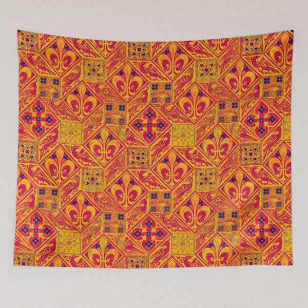Item preview, FLEURS DE LYS WITH BIRDS ,RHOMBI AND SQUARE FLORAL MOTIFS IN RED ORANGE YELLOW designed and sold by BulganLumini.
