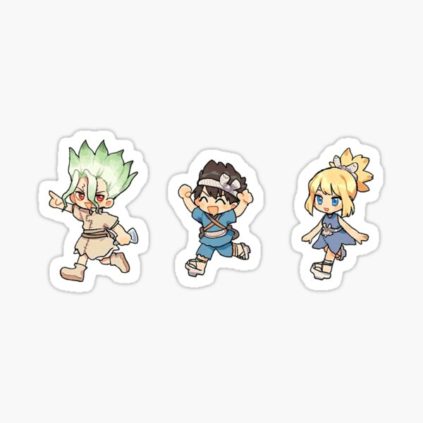 Senku, Chrome, Kohaku chibi de Dr Stone Pegatina