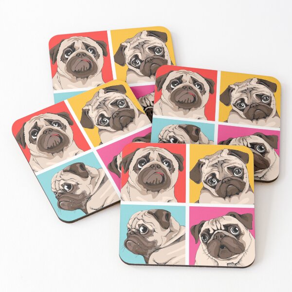 Item preview, Four portrait of a pugs in a bright coloring Pop Art style designed and sold by THISPUGVIBE.