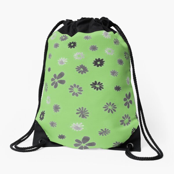 Grey tiny Flowers and green Drawstring Bag