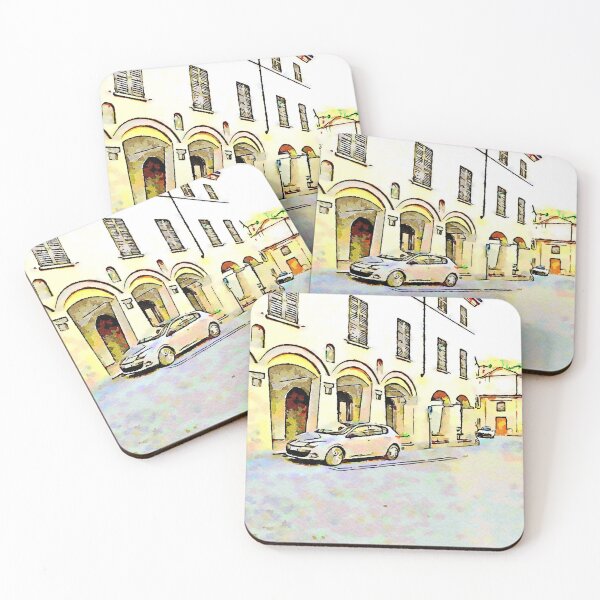 Item preview, Fognano: foreshortening with arcades and parked cars designed and sold by Giuseppe Cocco.