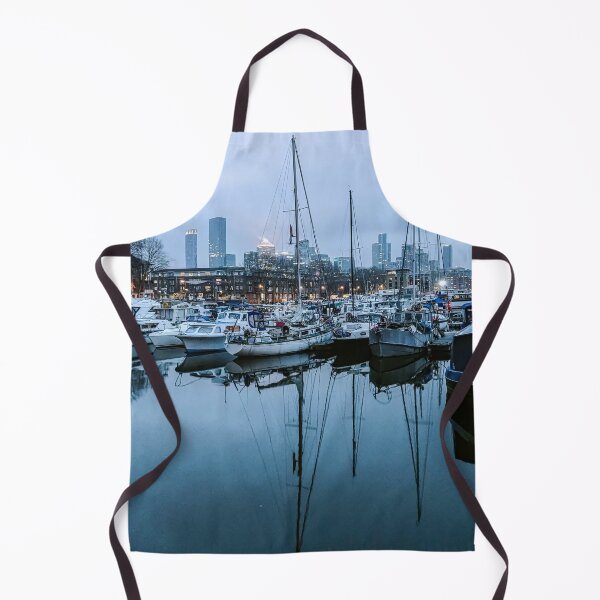 Item preview, surrey quays docks london canary wharf boat boats sailing docked sail towers photo water reflection blue cold winter cloudy designed and sold by am-mantilla2156.