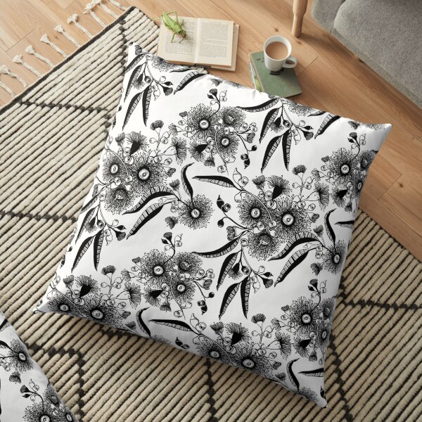 Eucalyptus Bush Flowers - Black and White Floor Pillow