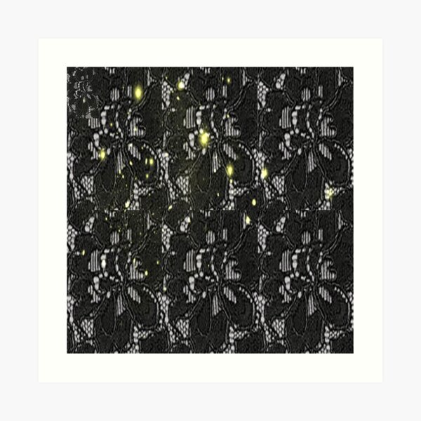 Print of black Spanish lace with a white back ground and gold specs Art Print