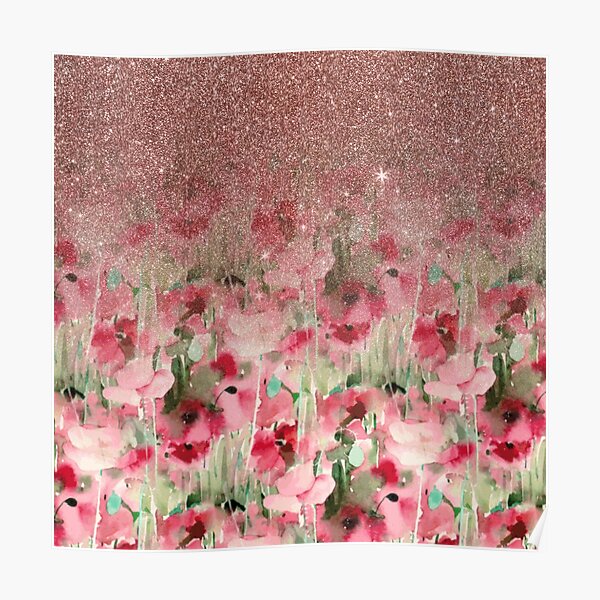Pretty Faux Rose Gold Glitter on Watercolor Floral Poster
