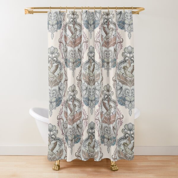 Discover Woodland Birds - hand drawn vintage illustration pattern in neutral colors Shower Curtain