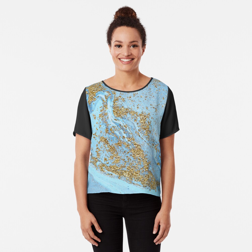Blue Agate Marble With Gold Glitter Chiffon Top