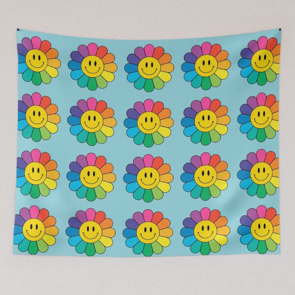 Item preview, Happy Rainbow Flower | Pattern | Happy Face | Blue | designed and sold by HappyFaceCo.