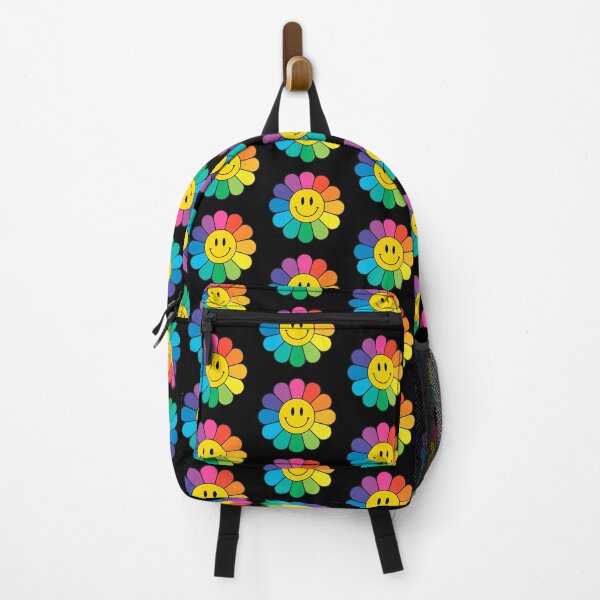 Happy Rainbow Flower | Pattern | Happy Face | Smiley | Black | Backpack