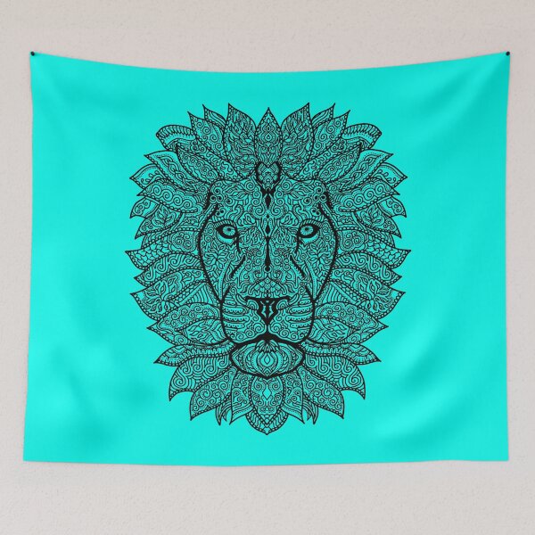 Item preview, Symmetric lion face with artistic curves with contrasting vibrant light blue background designed and sold by CiniArt.