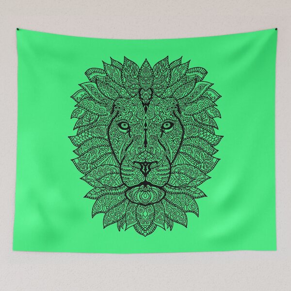Item preview, Symmetric lion face with artistic curves with contrasting vibrant light green background designed and sold by CiniArt.