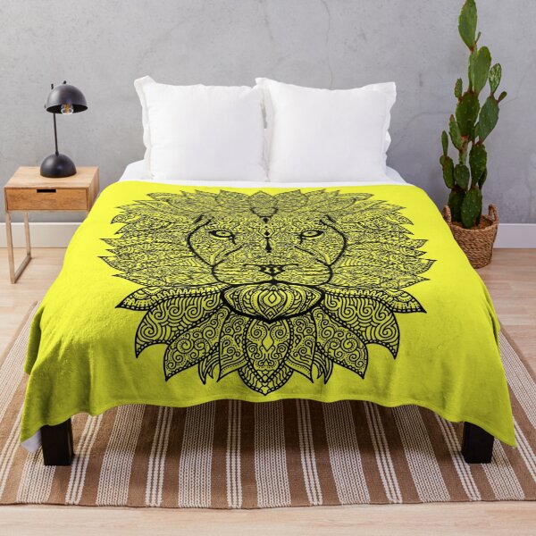 Item preview, Symmetric lion face with artistic curves with contrasting vibrant light yellow  background designed and sold by CiniArt.