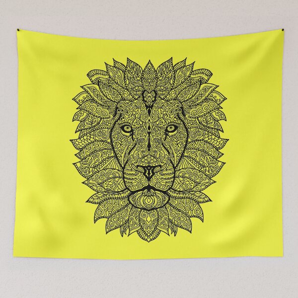 Item preview, Symmetric lion face with artistic curves with contrasting vibrant light yellow  background designed and sold by CiniArt.