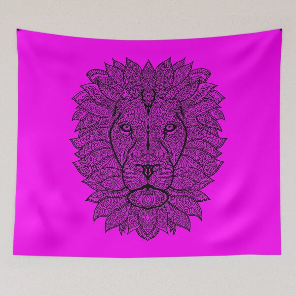 Item preview, Symmetric lion face with artistic curves with contrasting vibrant light pink background designed and sold by CiniArt.