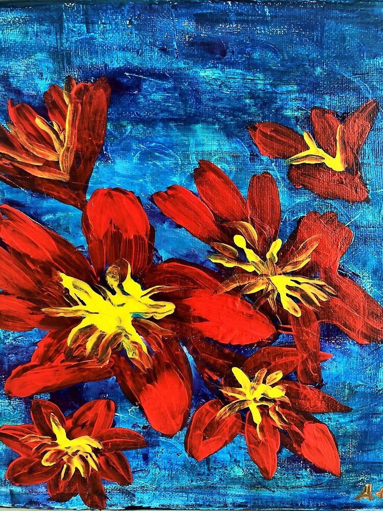 "abstract floral painting blue[ flowers" Poster by Fiveladiesart