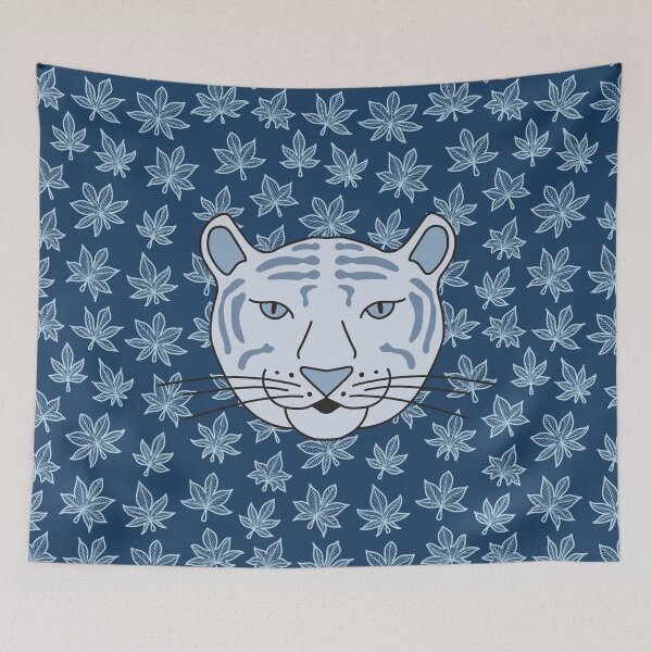 Item preview, Cute Cartoon White Tiger Among Autumn Leaves - Blue Background designed and sold by Twist Design.