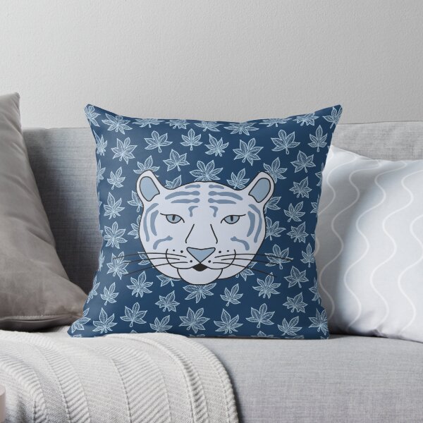Cute Cartoon White Tiger Among Autumn Leaves - Blue Background Throw Pillow