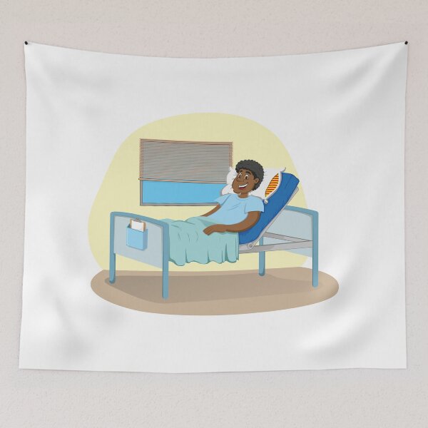 Item preview, Mascot man of African descent bedridden in a hospital room. Ideal for informational and institutional related to medicine designed and sold by LucianoCosmo.
