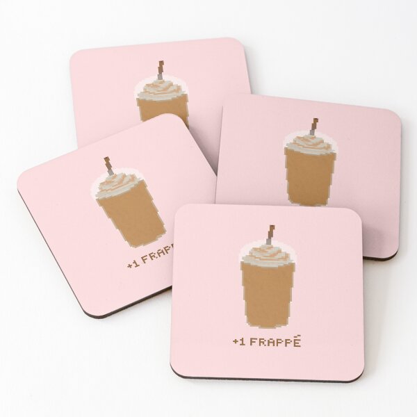 Item preview, +1 frappe coffee with caramel pixel art drawing (pink background) designed and sold by tifft.