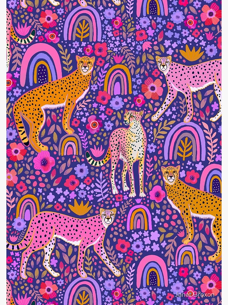 cheetahs in a Rainbow Garden on Navy Blue by jbroxon
