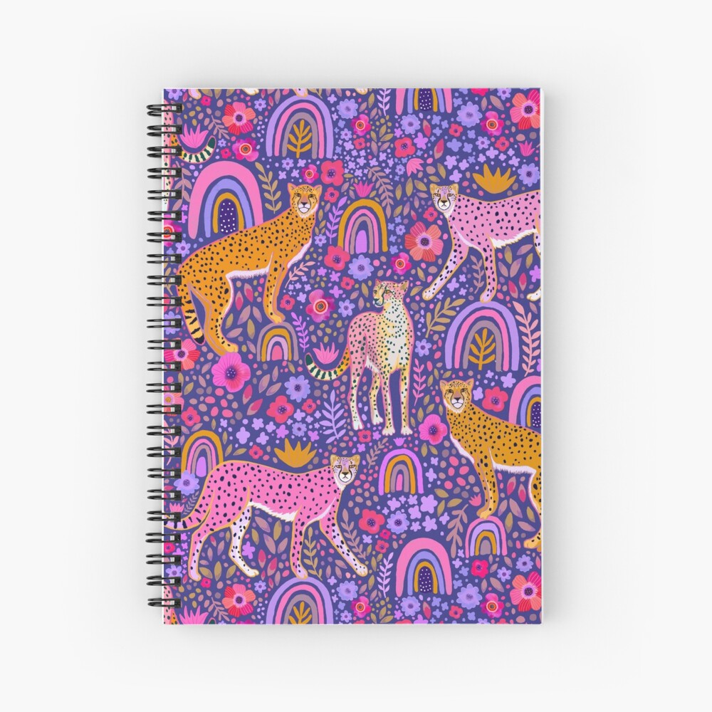 cheetahs in a Rainbow Garden on Navy Blue Spiral Notebook