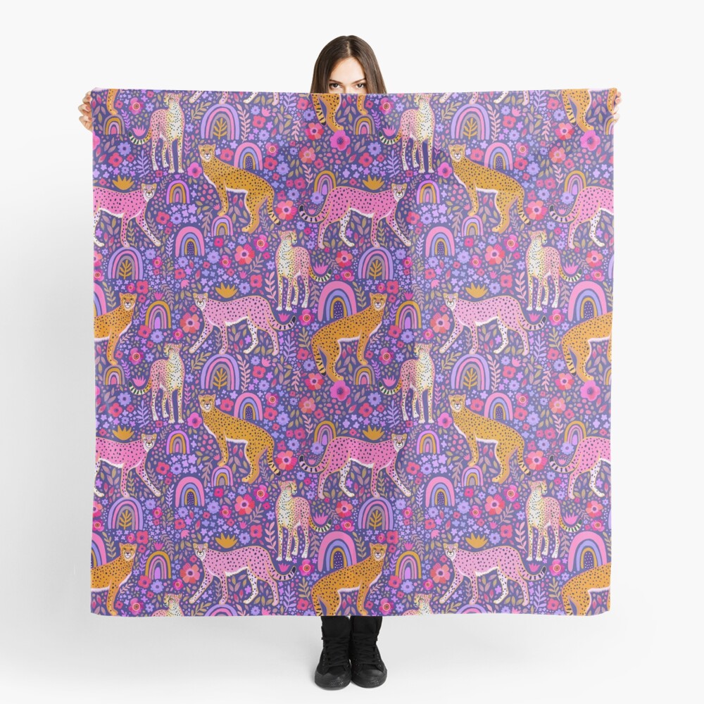cheetahs in a Rainbow Garden on Navy Blue Scarf