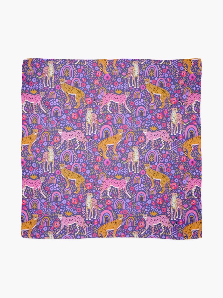 Alternate view of cheetahs in a Rainbow Garden on Navy Blue Scarf