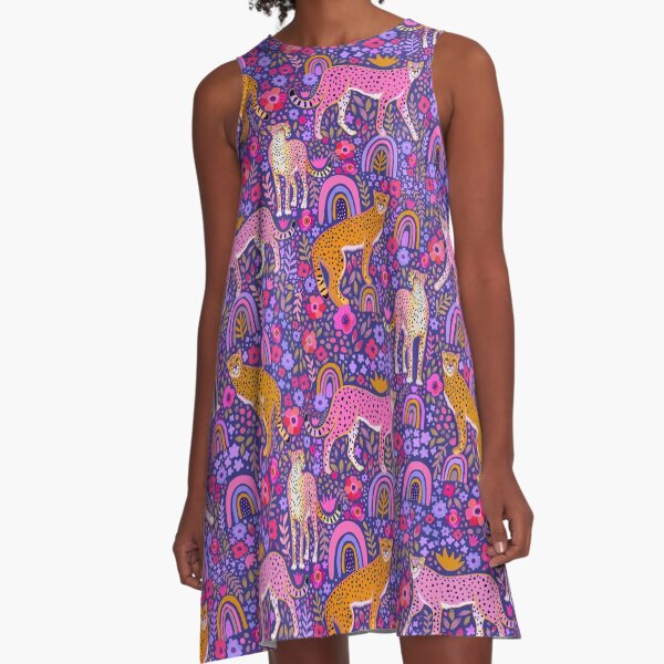 cheetahs in a Rainbow Garden on Navy Blue A-Line Dress