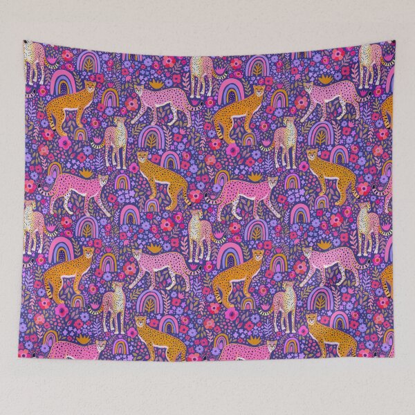 Item preview, cheetahs in a Rainbow Garden on Navy Blue designed and sold by Janet Broxon.