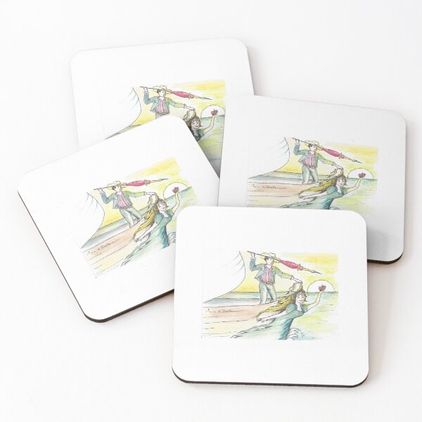 Item preview, watercolor painting of a ship with a female figurehead and a cowboy writer designed and sold by Marie-d-Orville.