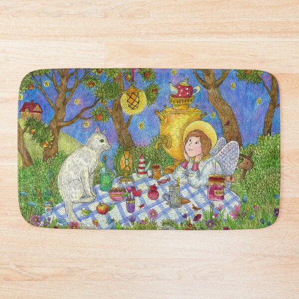 Item preview,  The angel and the cat are drinking tea in the garden. Beautiful illustration with colored pencils and ink. designed and sold by Yovin11.