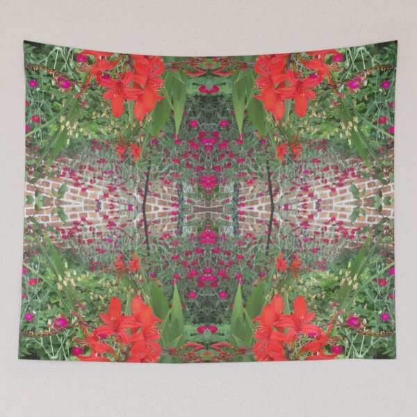 Item preview, Botanical, Divine - Summertime Pink, Scarlet and Green Floral Fusion over Brick designed and sold by RoseAromas.